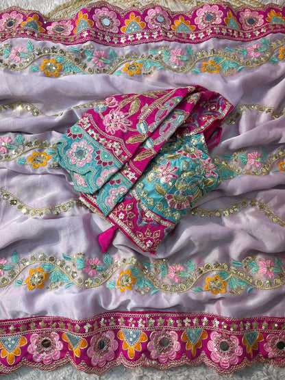 Premium Rangoli Silk Designer Saree with Embroidery & Mirror Work Blouse