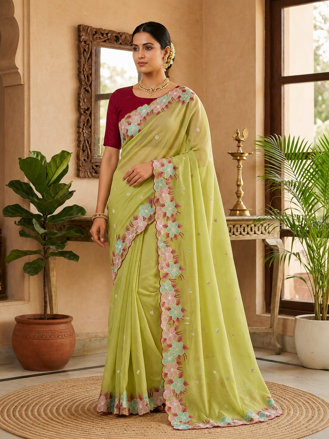 SASHA Kota Doriya Embroidered Saree with Contrast Blouse