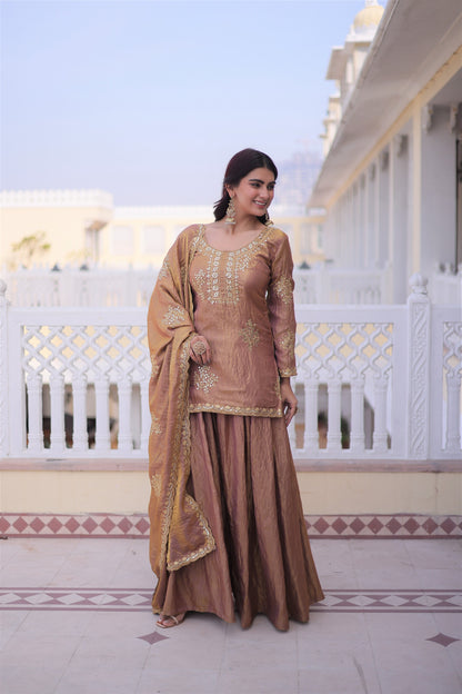 Premium Designer Fendi Crush Top Sharara Dupatta Set with Zari & Sequins Work – Mehendi Green & Copper Brown