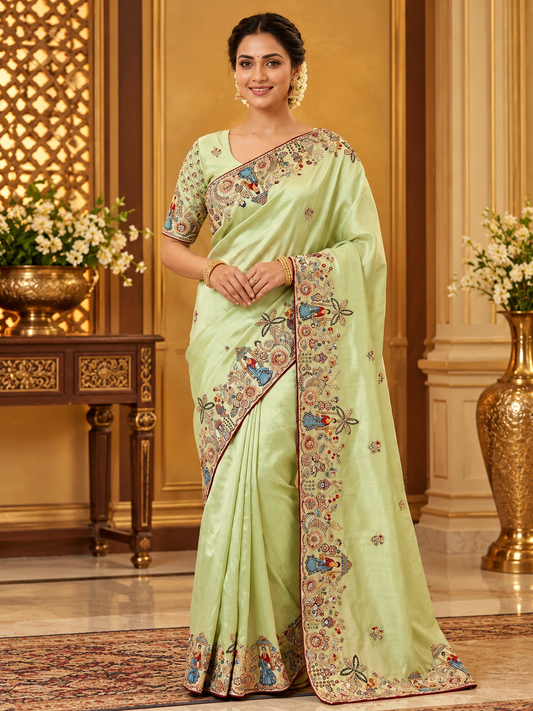 Premium Cosmos Silk Saree with Heavy Thread Embroidery, Zari & Sequin C-Pallu Work