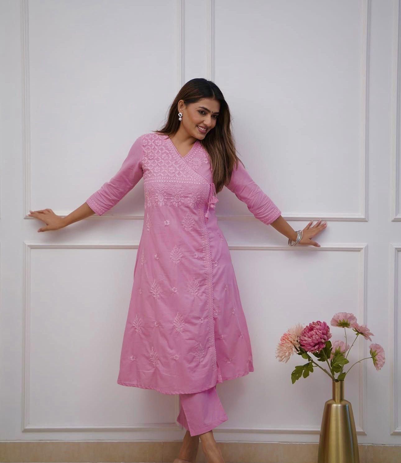 Cotton Chikankari Angrakha Kurti Set