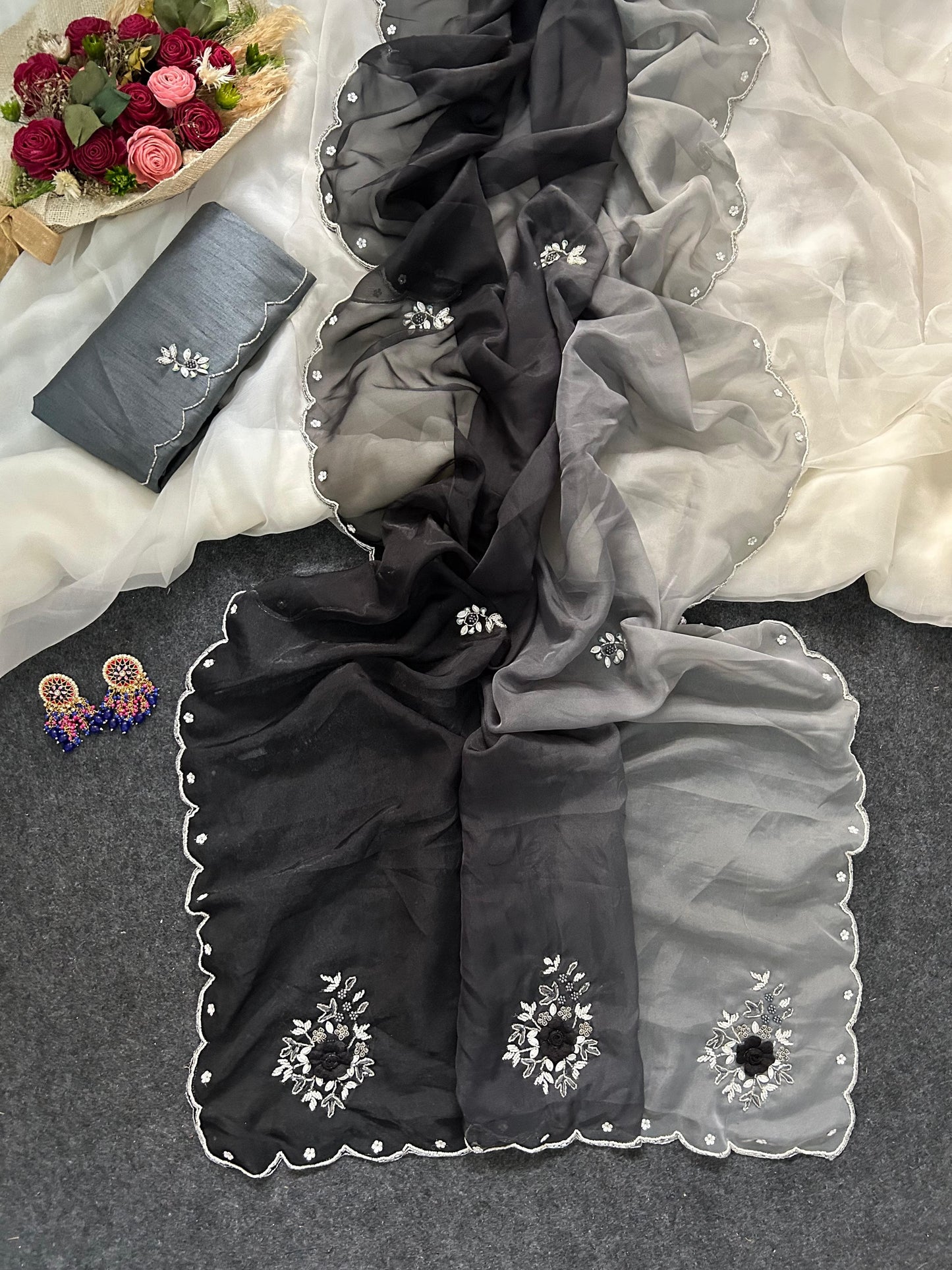 Vrinda Designer Organza Saree With Handwork Butties & Cutdana Border
