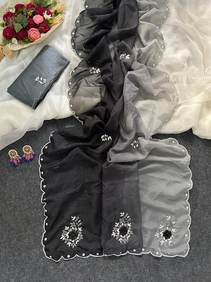 Vrinda Designer Organza Saree With Handwork Butties & Cutdana Border