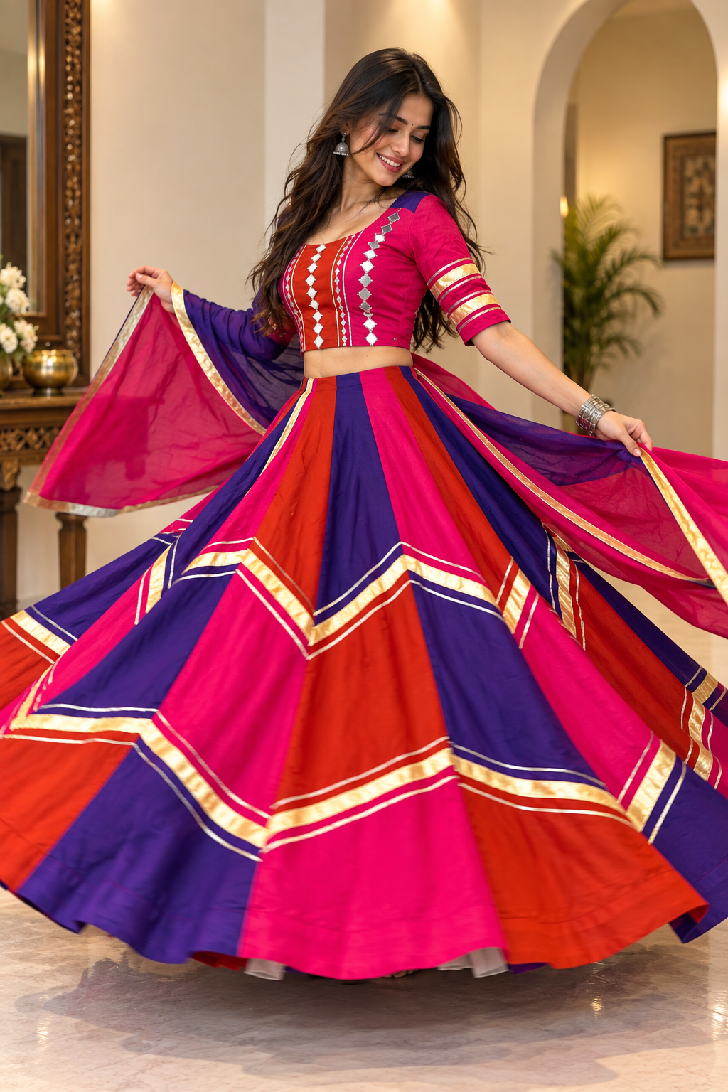 Navratri Special Roman Silk Lehenga Choli with Real Mirror Work | 6+ Meter Flair