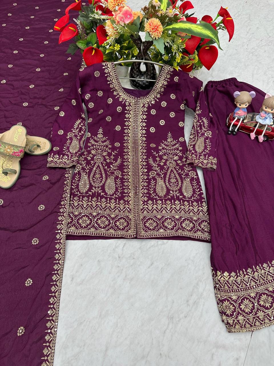 Designer Chinon Party Wear Top Plazzo Set