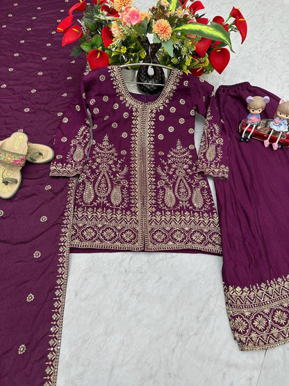 Designer Chinon Party Wear Top Plazzo Set