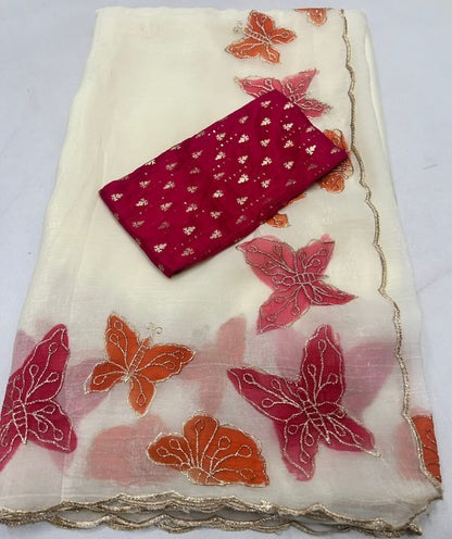 Crunchy Chiffon Embroidered Saree with Contrast Sequin Blouse