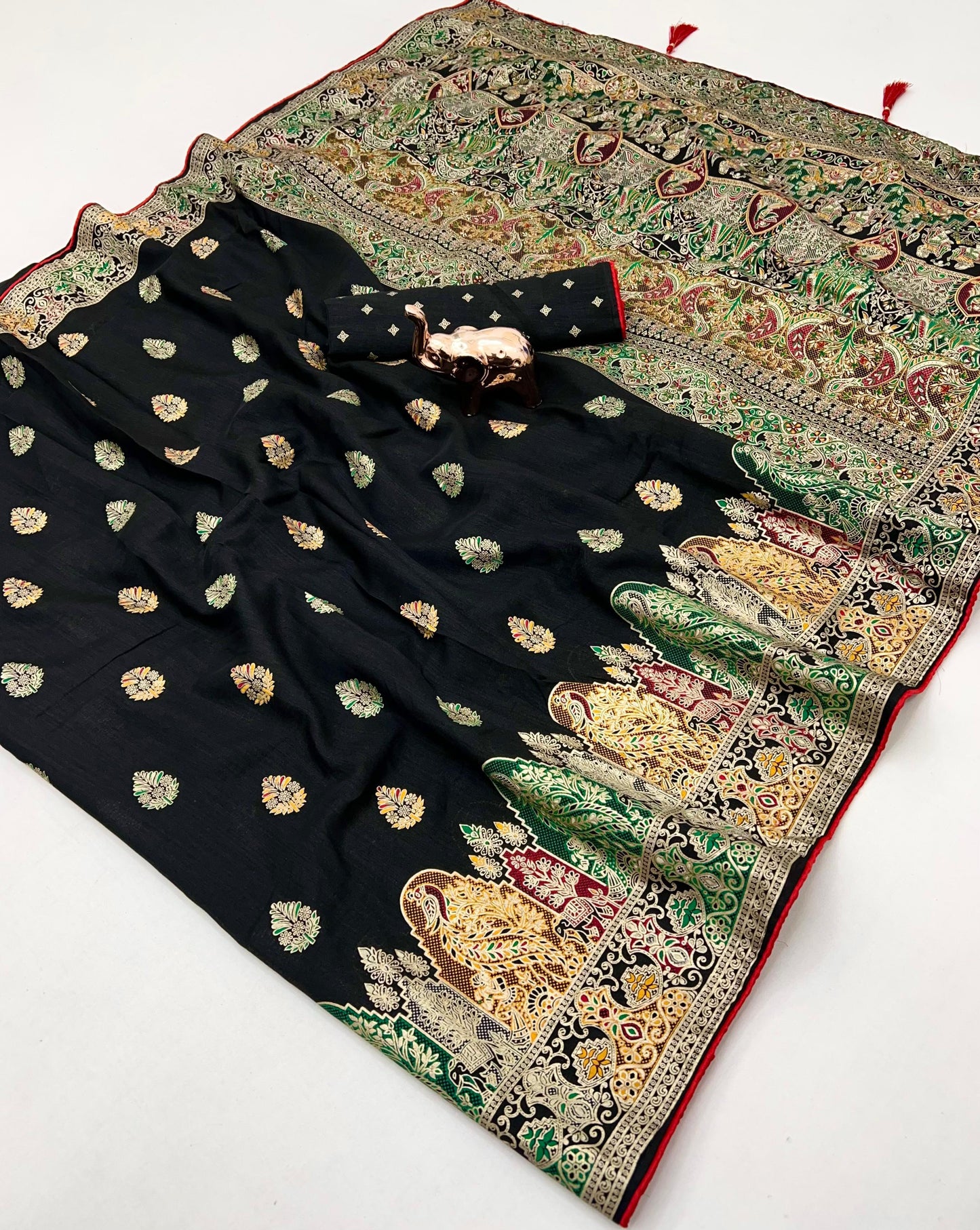 Pure Silk Meenakari Foil Print Designer Saree With Contrast Blouse