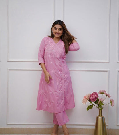 Cotton Chikankari Angrakha Kurti Set