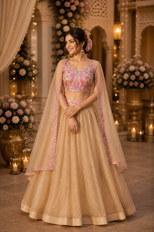 Premium Sindur Silk Embroidered Lehenga Choli Set with Shrug – Wedding & Festive Wear