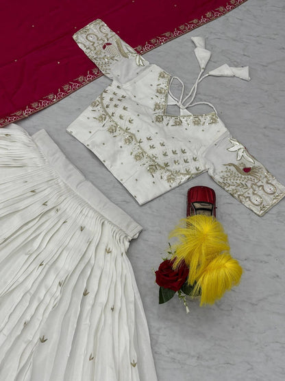 White Red Vichitra Silk Lehenga Choli