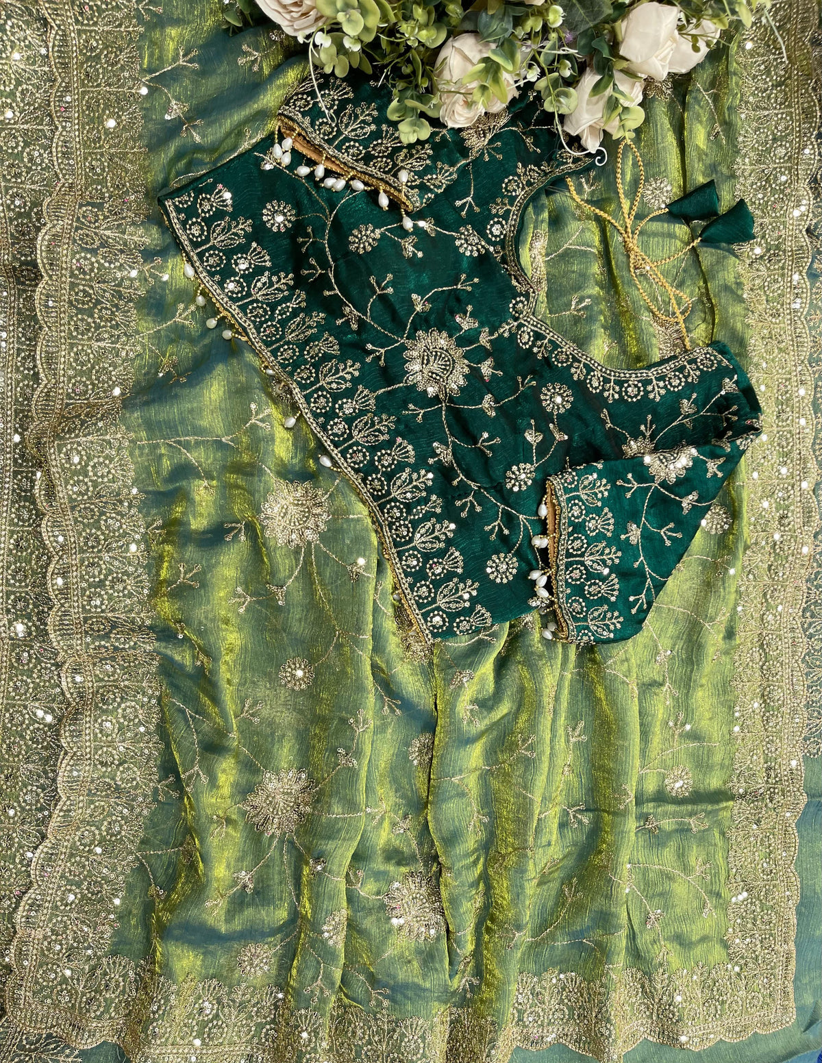Adhya Fendy Chiffon Two Tone Saree with Embroidery, 3mm Sequence Jari Work & Fully Stitched Blouse | 6 Colors