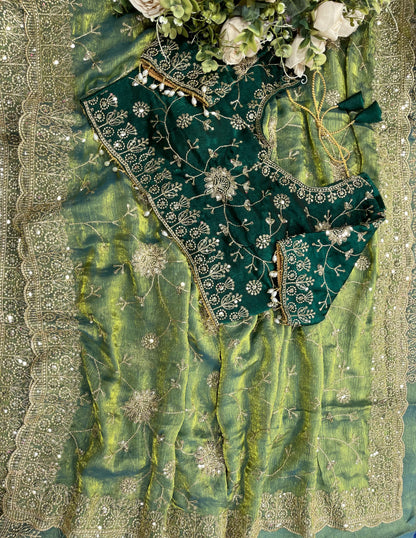 Adhya Fendy Chiffon Two Tone Saree with Embroidery, 3mm Sequence Jari Work & Fully Stitched Blouse | 6 Colors