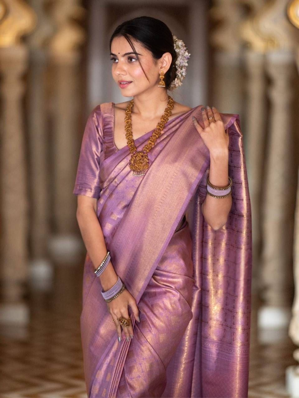 Royal Lavender Zari Work Silk Look Saree