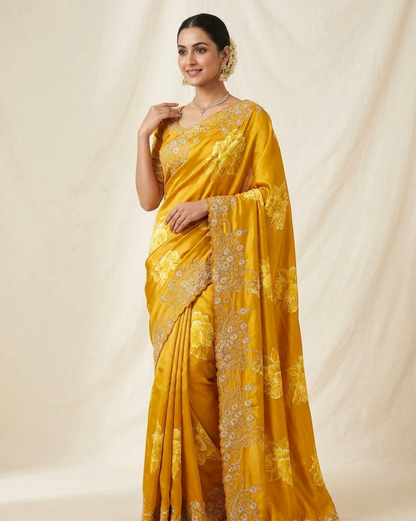 Designer Floral Embroidered Silk Saree with Rich Zari Work