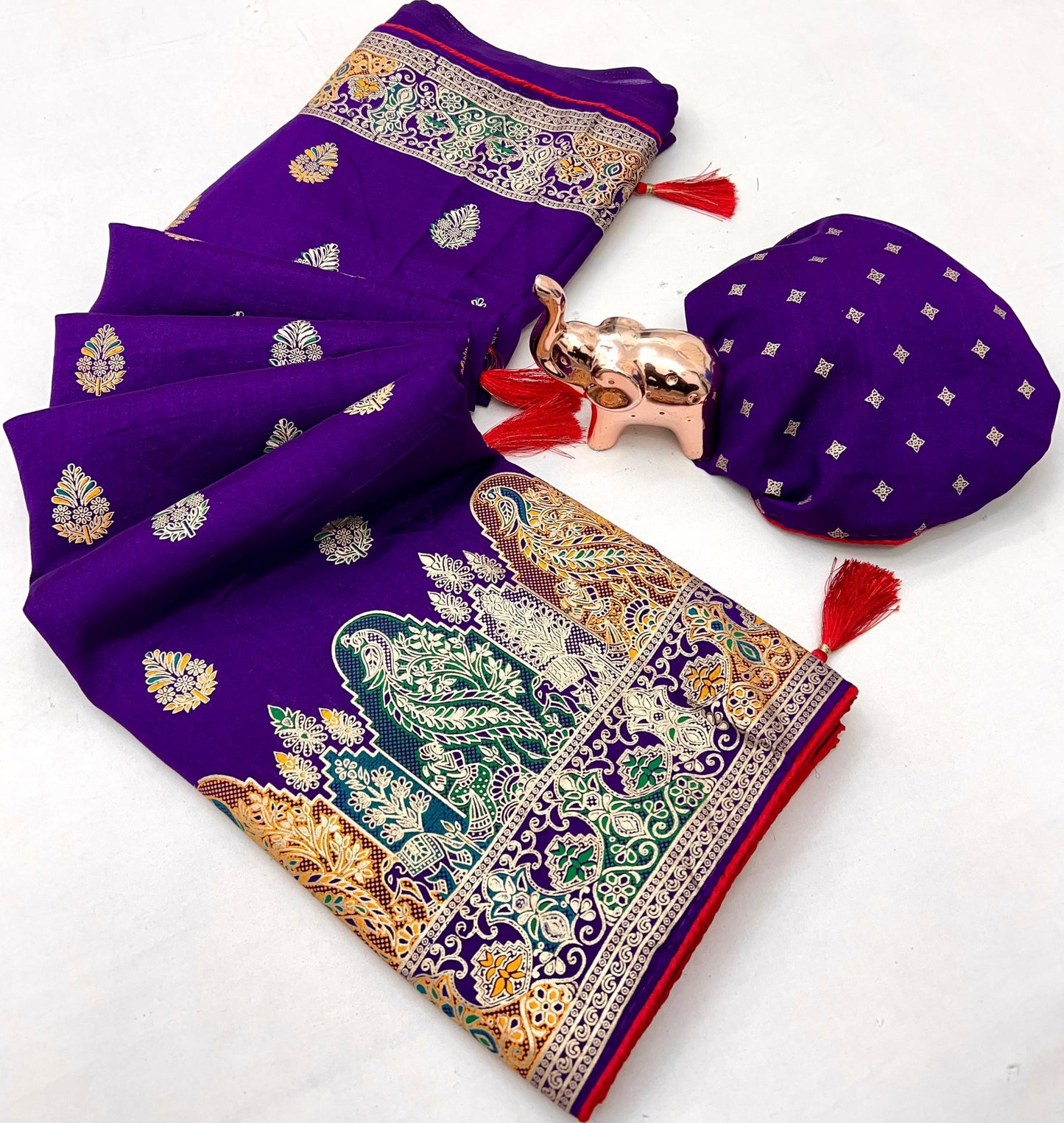 Pure Silk Meenakari Foil Print Designer Saree With Contrast Blouse