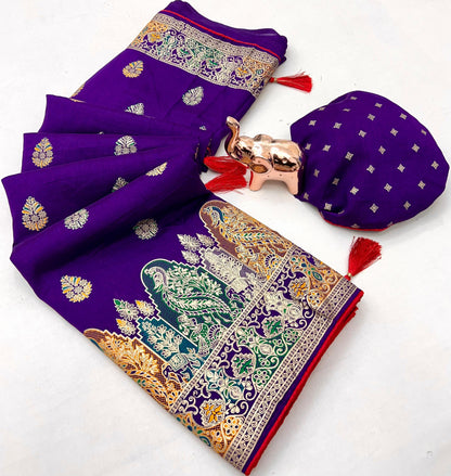 Pure Silk Meenakari Foil Print Designer Saree With Contrast Blouse