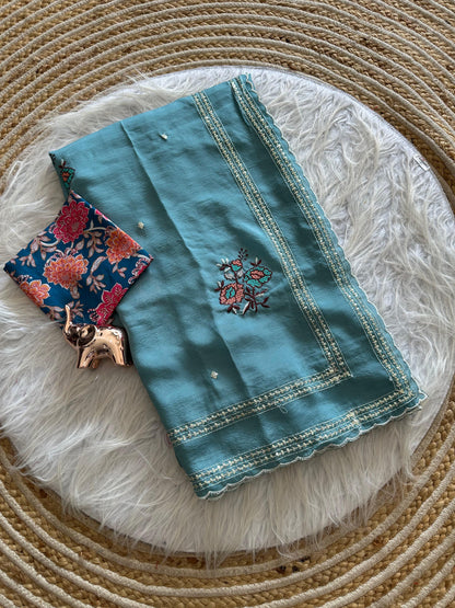 Star Georgette Saree with All Over Floral Embroidery & Digital Print Blouse