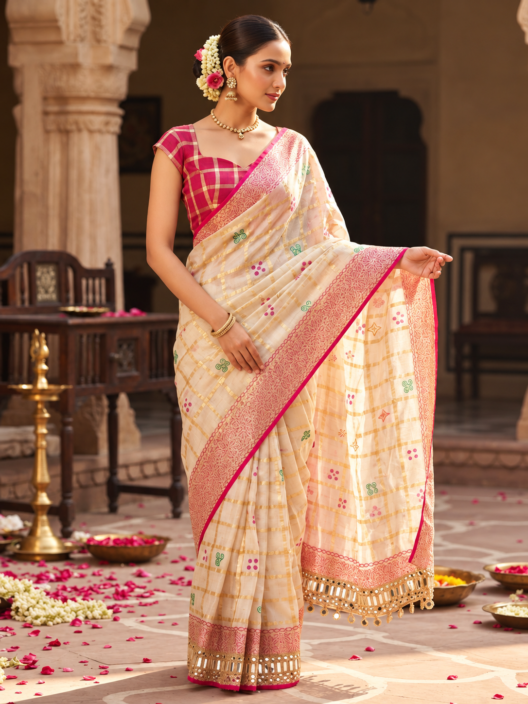 Premium Soft Viscose Checks Weaving Saree with Heavy Mirror Work Border & Unstitched Blouse