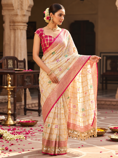 Premium Soft Viscose Checks Weaving Saree with Heavy Mirror Work Border & Unstitched Blouse