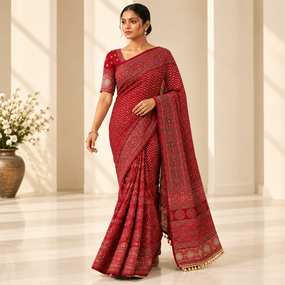 Pure Arjakh Satin Viscose Silk Saree with Original Mirror Work, Designer Print & Blouse