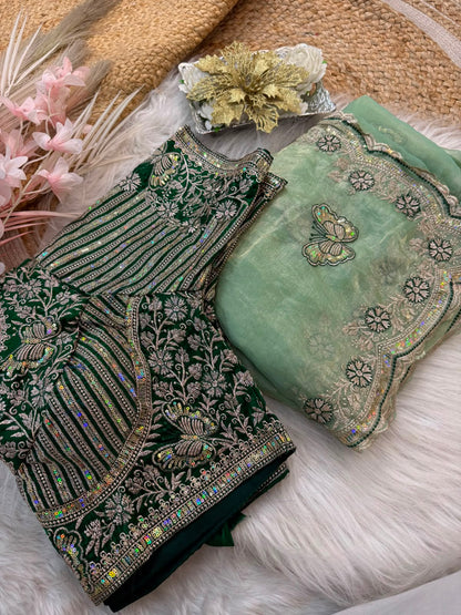 Sabyasachi Inspired Space Silk Saree with Butterfly Embroidery & Stitched Blouse