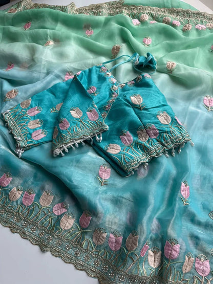 Lotus Soft Fendy Satin Saree With Embroidery Sequence & Thread Work Border