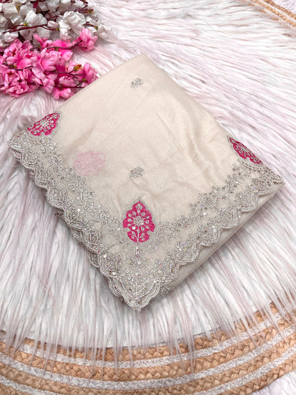 Blooming Chocolate Silk Embroidery Designer Saree With Unstitched Blouse