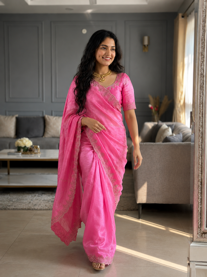 Rupali Pink Space Silk Saree with Hand Jharkhand Cutdana Border & Designer Blouse