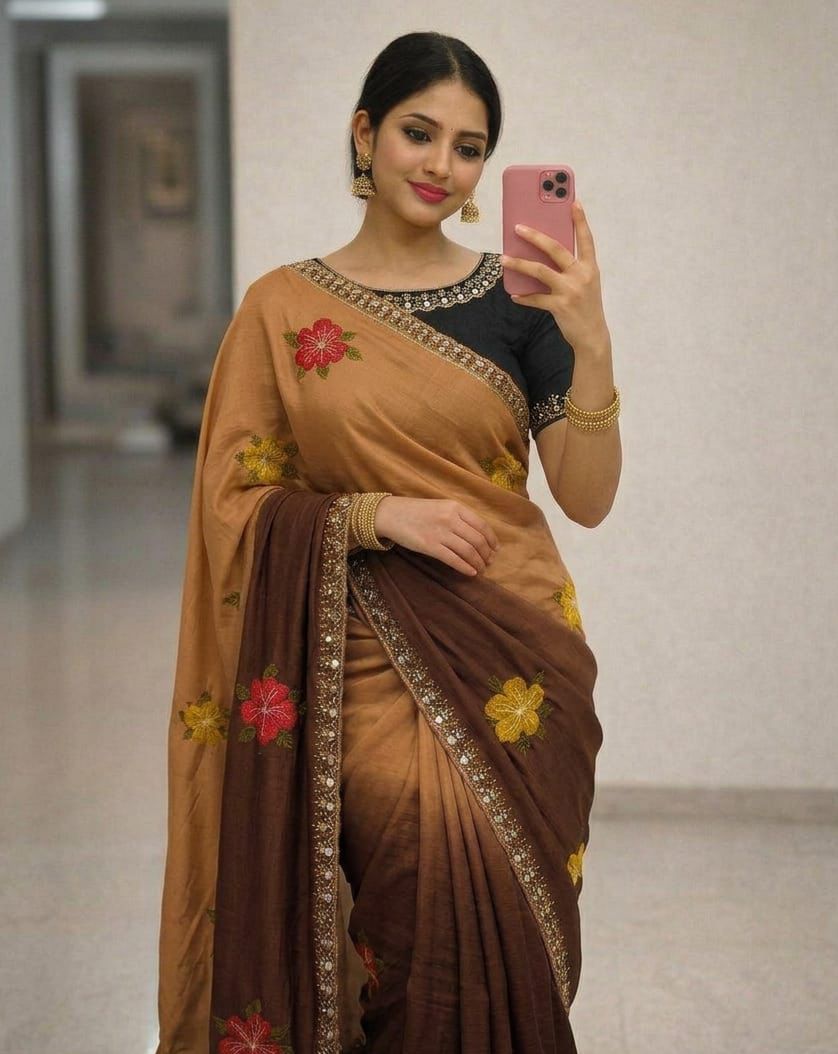 Soft Chinon Dual Shade Silk Saree with Embroidery & Mirror Work