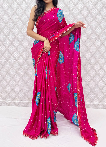 Chinon Bandhani Style Printed Saree with Designer Contrast Border (6.30 Mtr)
