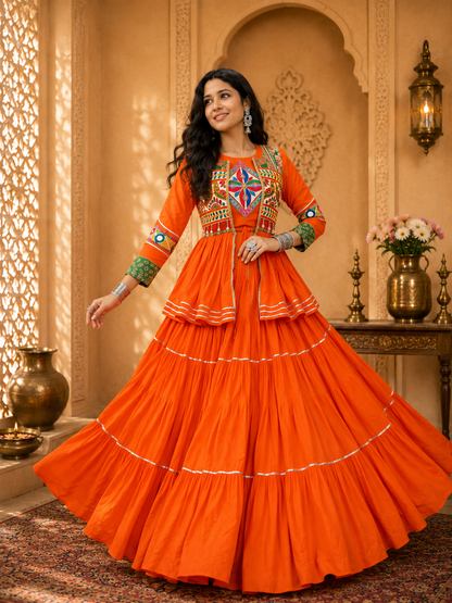 Navratri Gamthi Work Cotton Lehenga Choli with Koti | 9 Meter Flair Mirror Work | Women's Garba Dress