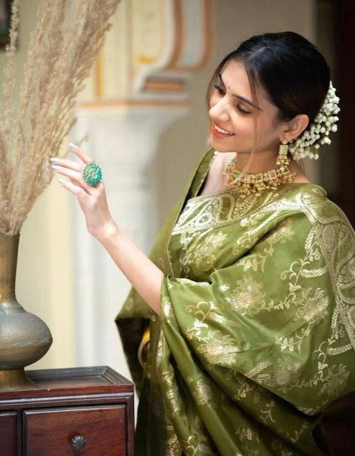 Olive Green Floral Woven Saree