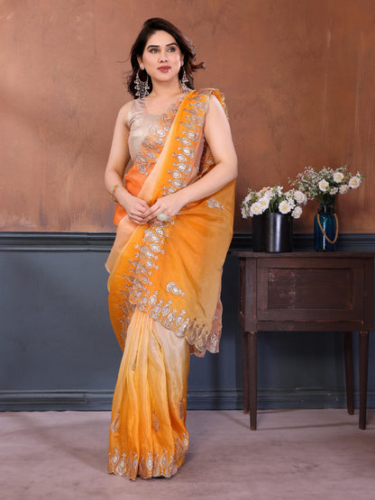 Gold Crush Silk Embroidery Work Saree with Gota Patti Blouse | Multi Tone Party Wear Saree