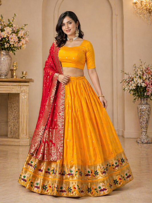 Golden Paithani Silk Lehenga Choli with Zari Weaving & Contrast Dupatta