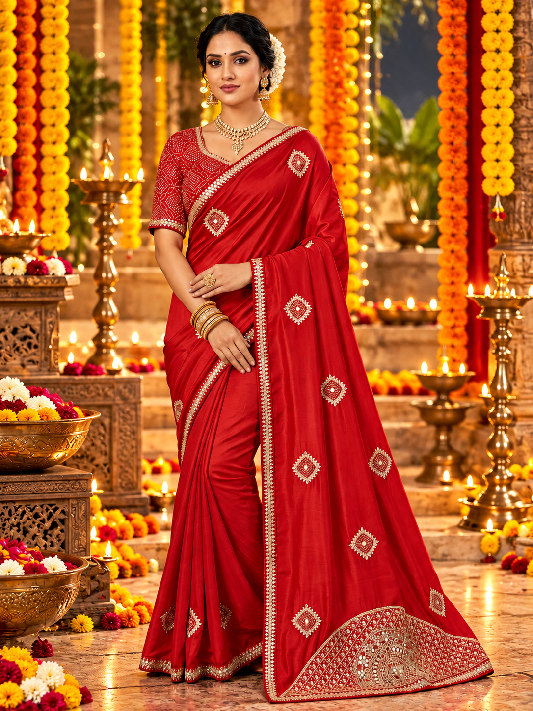 Chinon Saree with Heavy Bandhej Patch Butta & Gotapatti Work