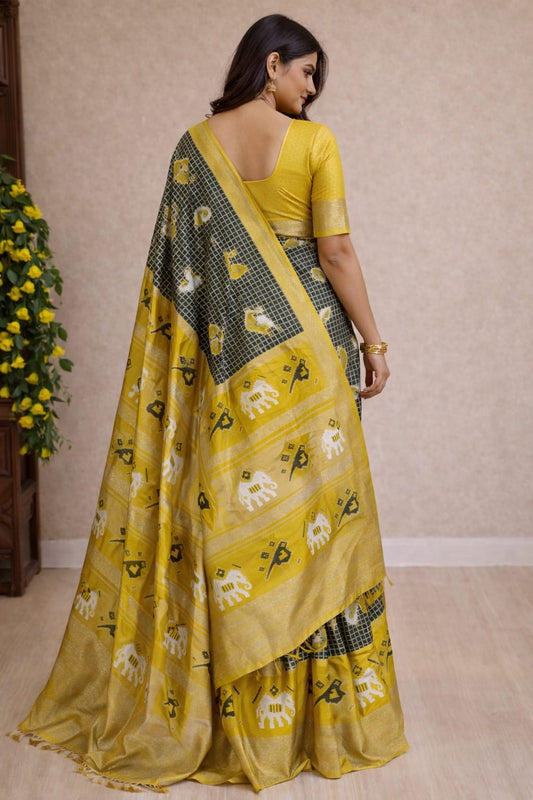 Soft Lichi Printed Saree with Elephant Border
