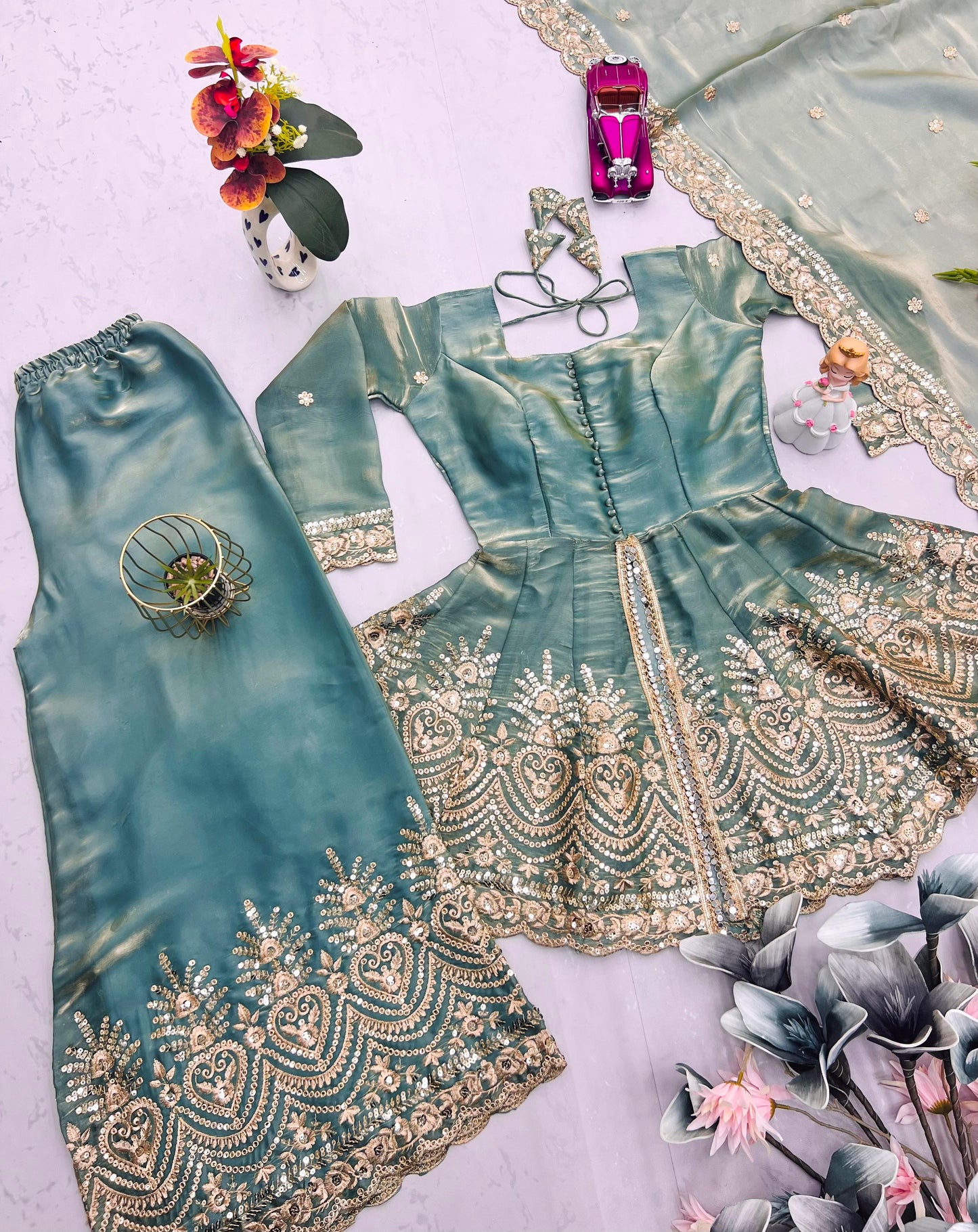 Heavy Two Tone Fendy Silk Sharara Suit With Embroidery Sequins & Mirror Work Dupatta
