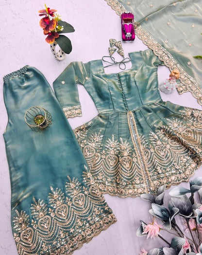Heavy Two Tone Fendy Silk Sharara Suit With Embroidery Sequins & Mirror Work Dupatta