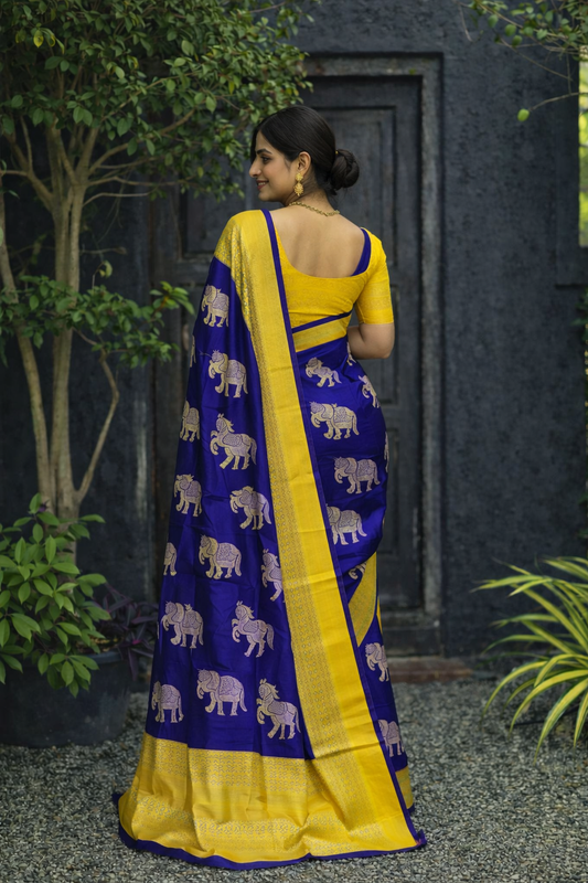 Royal Blue & Yellow Elephant Motif Jacquard Silk Saree
