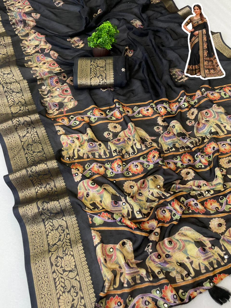 Royal Elephant Border Pure Marsh Mellow Silk Saree With Aari Mirror Work
