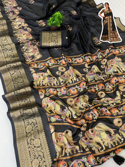 Royal Elephant Border Pure Marsh Mellow Silk Saree With Aari Mirror Work