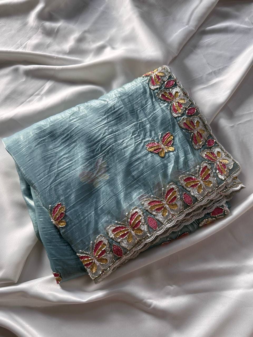 Radha Butterfly Motif Embroidered Crushed Organza Saree