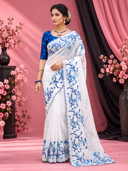 Radhika Teby Silk Saree with Digital Floral Print, Khatli & Cutdana Work