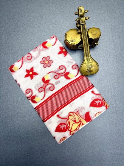 Elegant Lilan Slub Cotton Saree with Red Floral Weaving