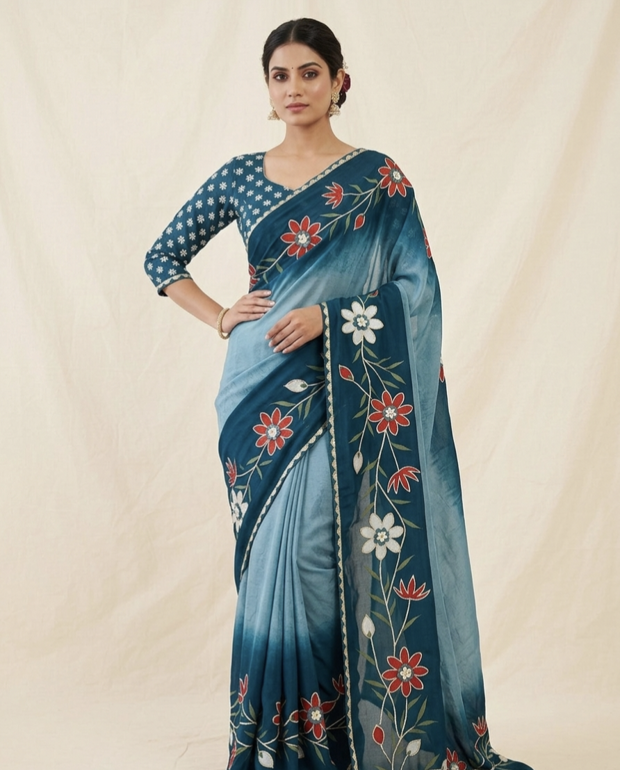 Ombre Floral Printed Saree with Designer Border – Trendy Daily & Festive Wear