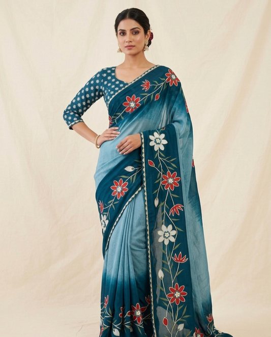 Ombre Floral Printed Saree with Designer Border – Trendy Daily & Festive Wear