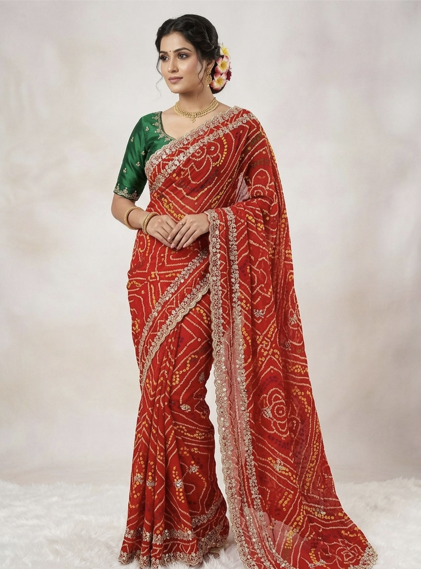 Red Bandhani Style Saree with Gota Embroidered Border – Festive Wear