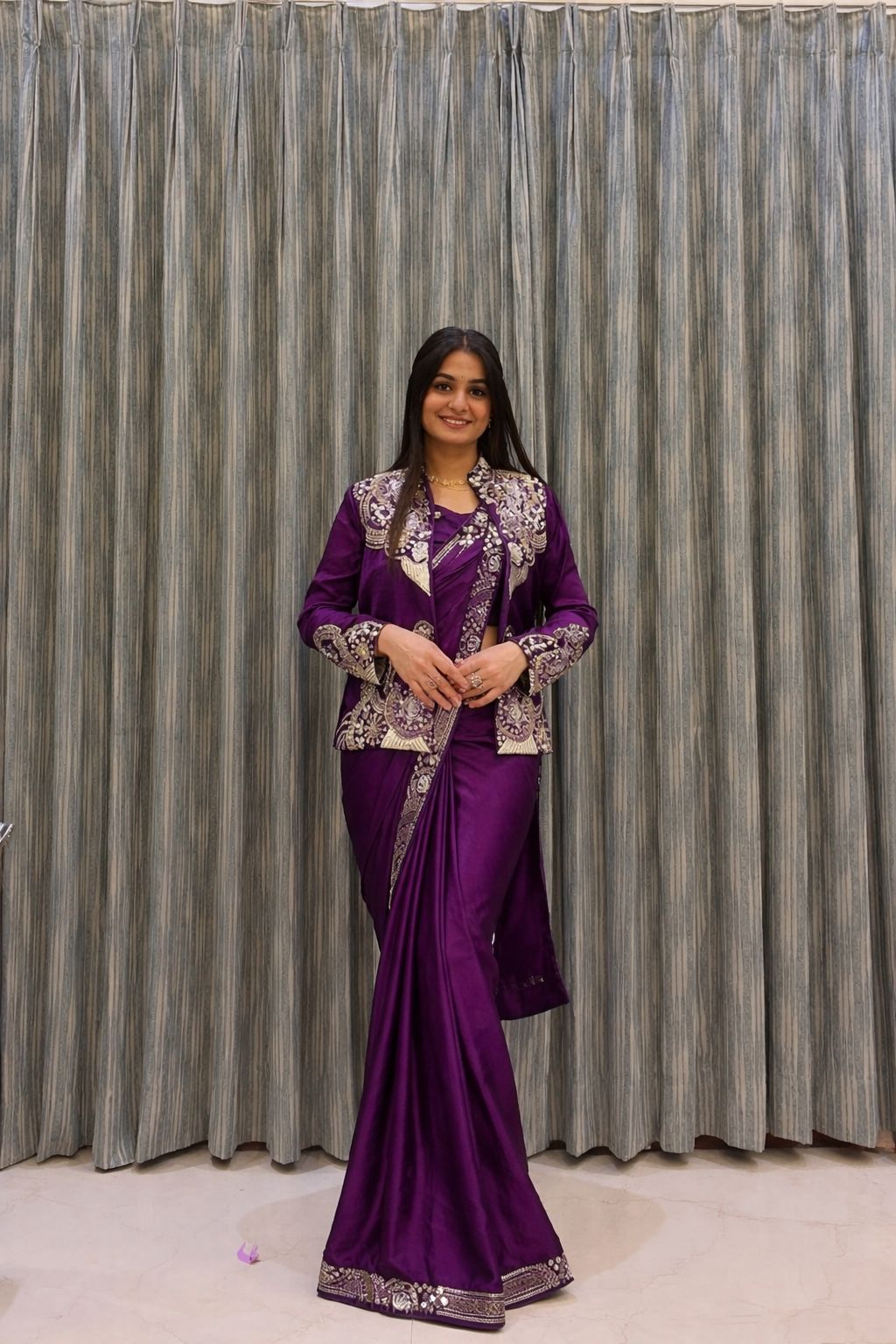 Ready to Wear Crepe Saree with Embroidery Sequence Jacket (Full Stitched)