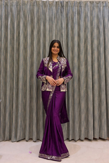 Ready to Wear Crepe Saree with Embroidery Sequence Jacket (Full Stitched)